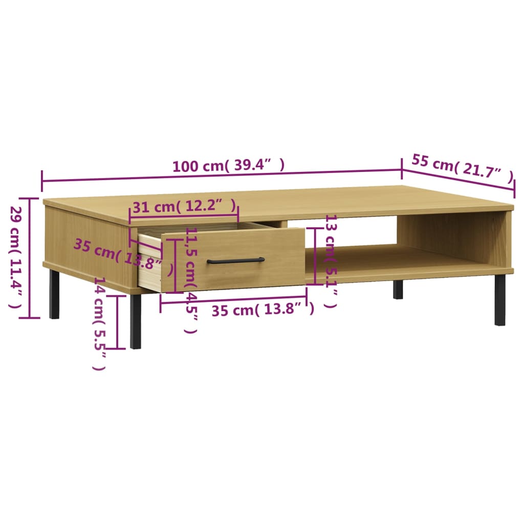 Salontafel met metalen poten OSLO massief grenenhout bruin