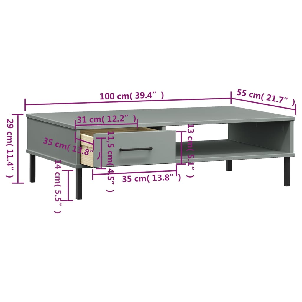 Salontafel met metalen poten OSLO massief grenenhout grijs