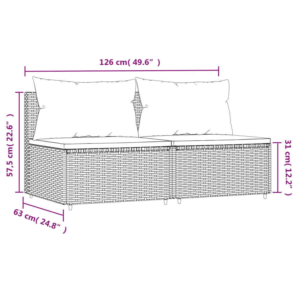 Tuinmiddenbanken met kussens 2 st poly rattan zwart