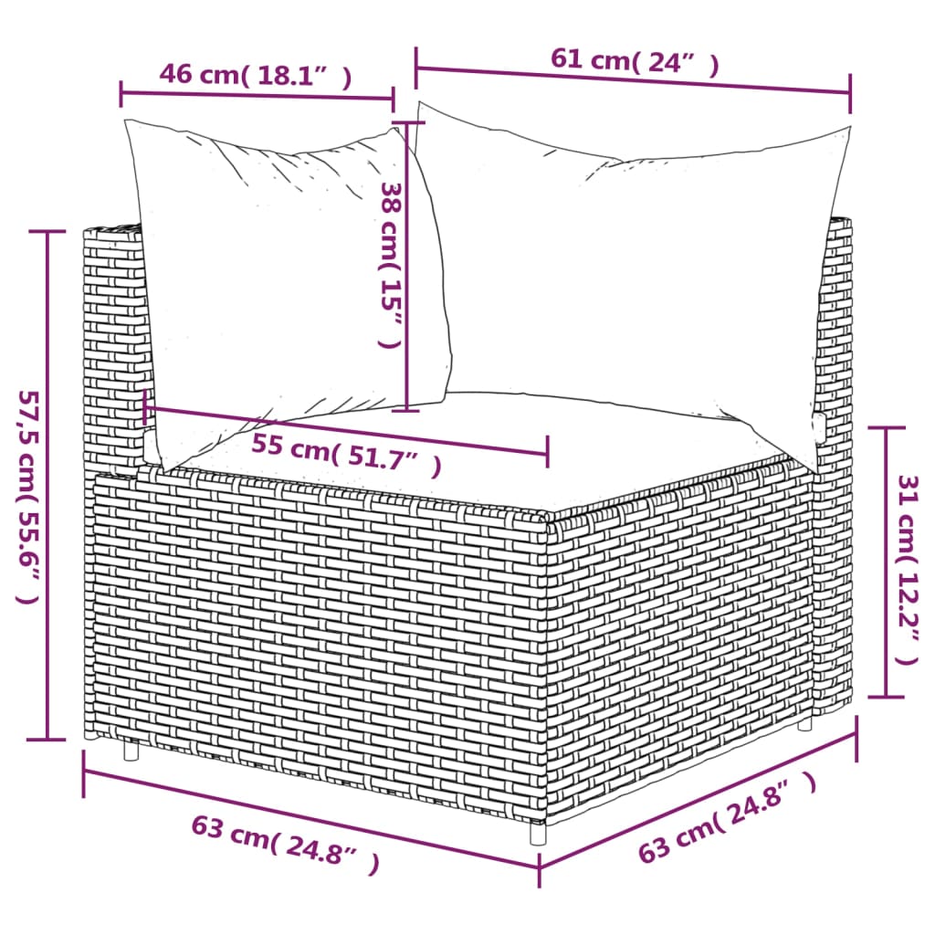 Tuinhoekbank met kussens poly rattan grijs