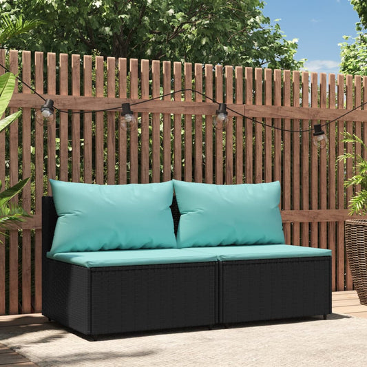 Tuinmiddenbanken met kussens 2 st poly rattan zwart