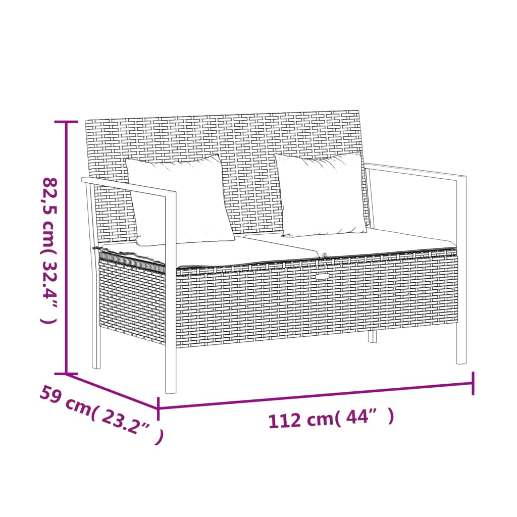 Tuinbank 2-zits met kussens poly rattan zwart