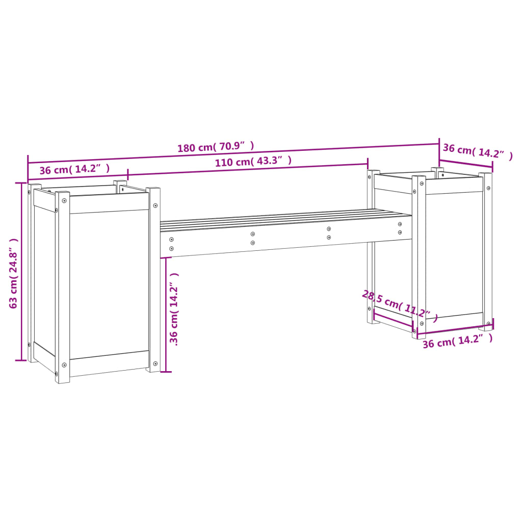 Bankje met plantenbakken 180x36x63 cm grenenhout