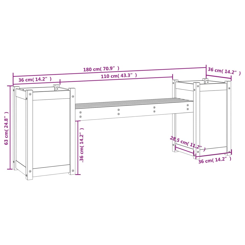 Bankje met plantenbakken 180x36x63 cm grenenhout wit