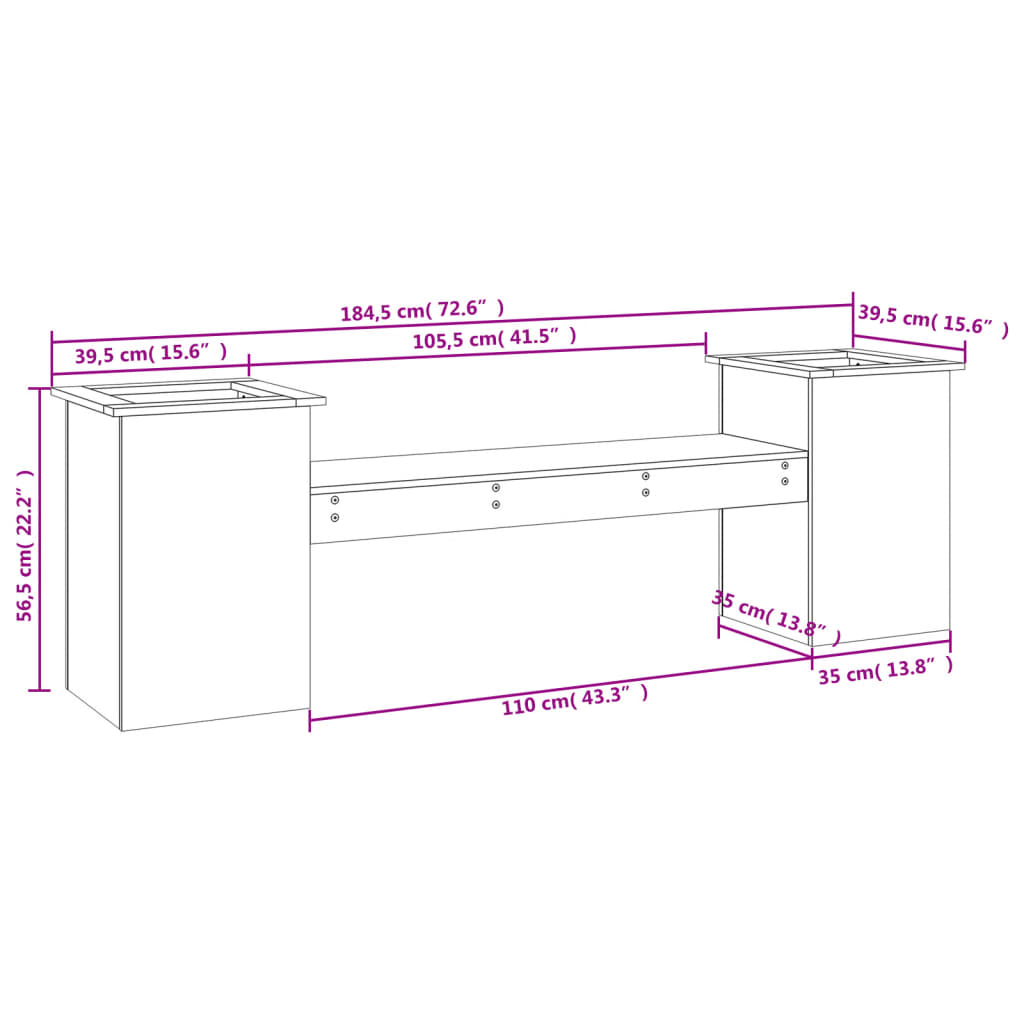 Bankje met plantenbakken 184,5x39,5x56,5 cm grenenhout zwart