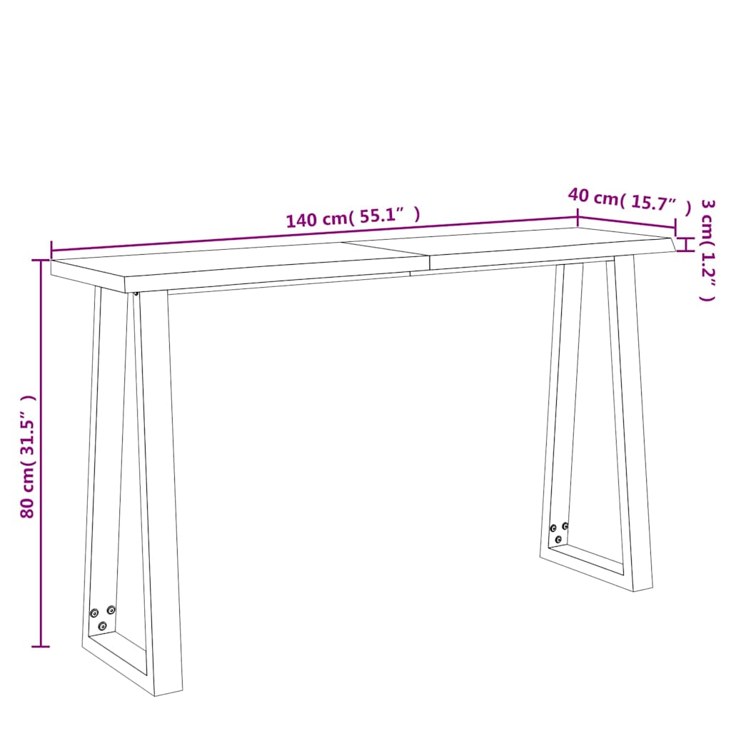 Wandtafel met natuurlijke rand 140x40x80 cm massief acaciahout