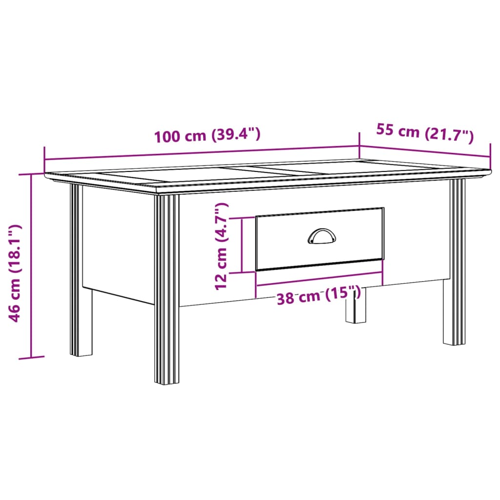 Salontafel BODO 100x55x46 cm massief grenenhout wit