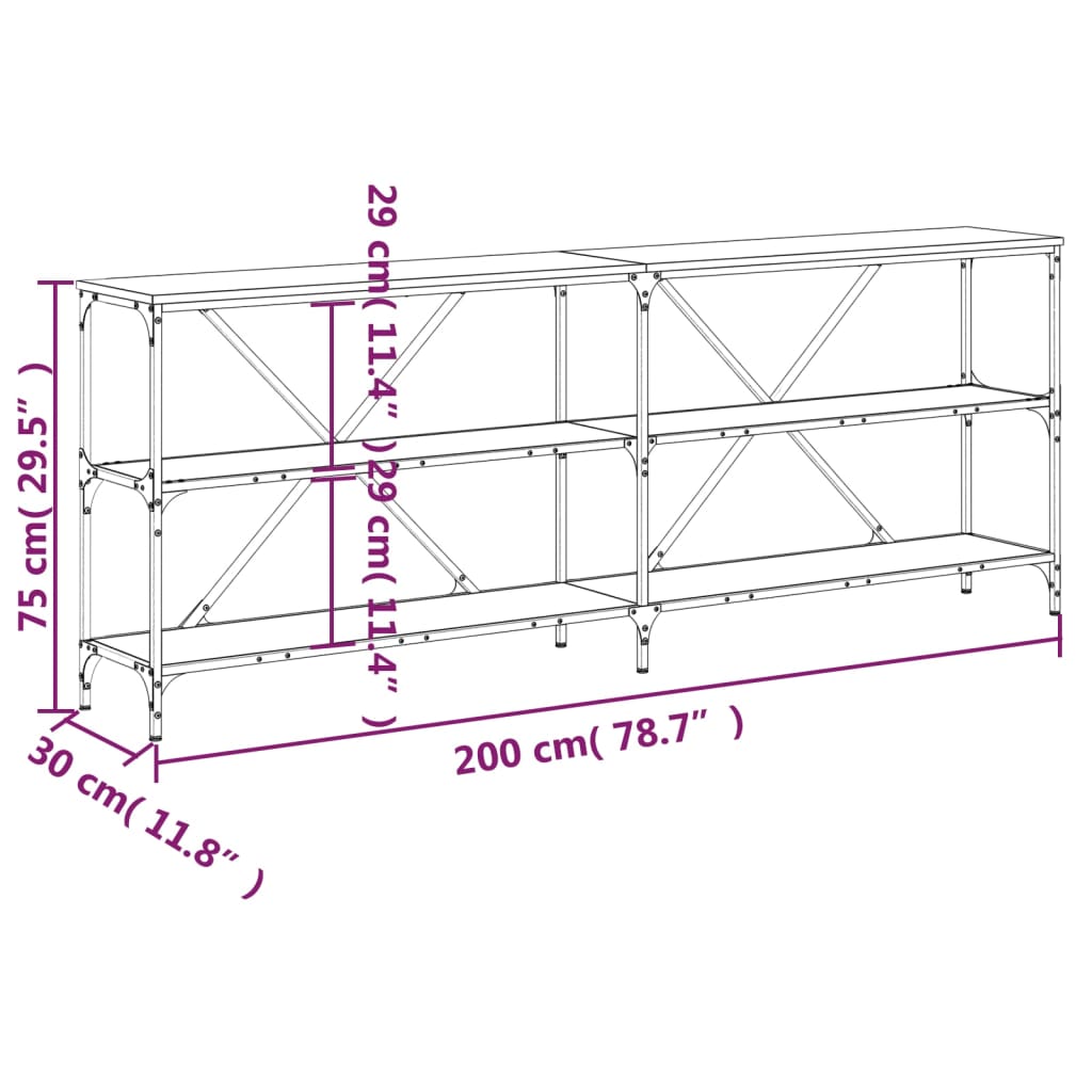 Wandtafel 200x30x75 cm bewerkt hout en ijzer gerookt eikenkleur