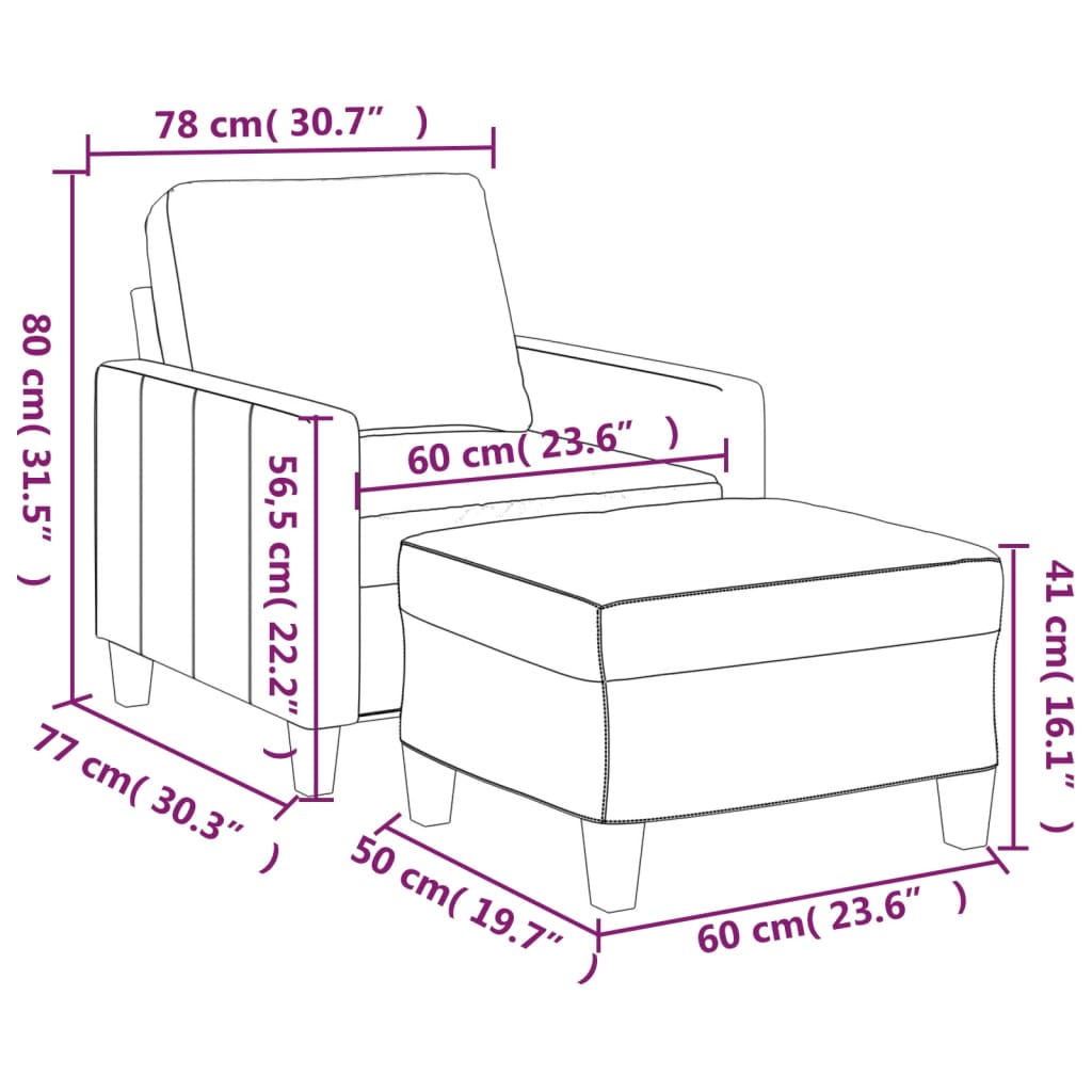 Fauteuil met voetenbank 60 cm kunstleer crèmekleurig