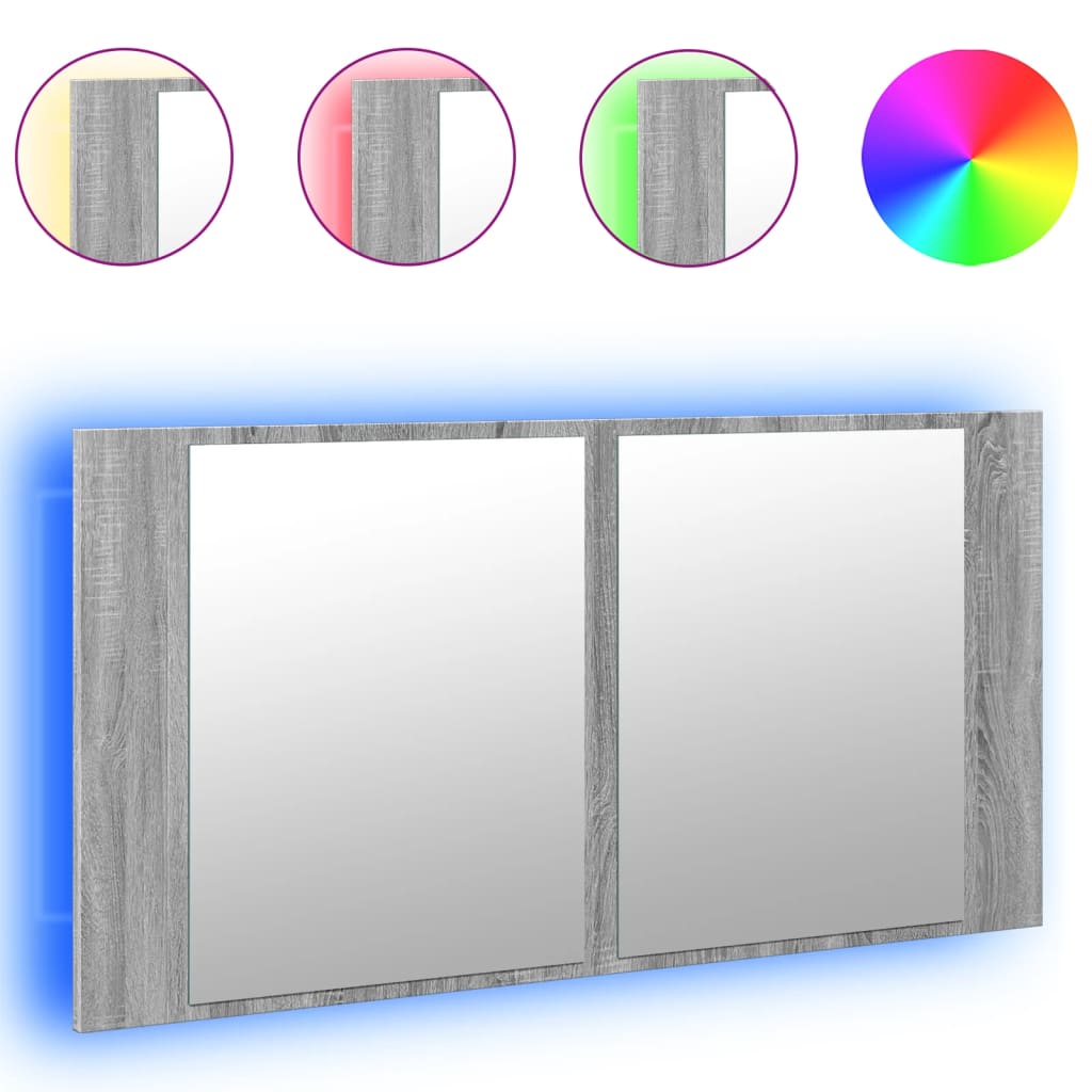 Badkamerkast met spiegel en LED 90x12x45 cm acryl grijs sonoma