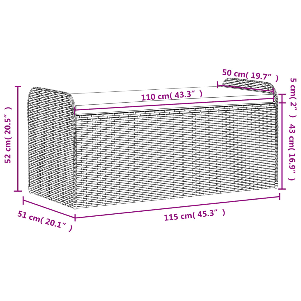 Opbergbankje met kussen 115x51x52 cm poly rattan zwart