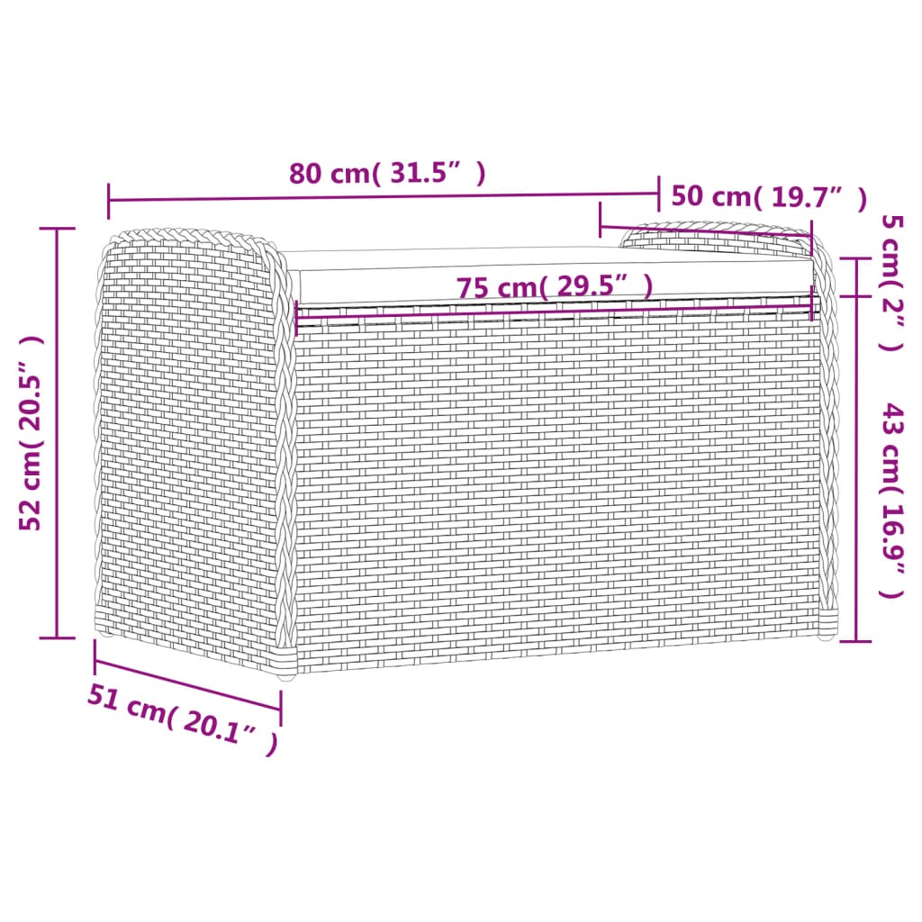 Opbergbankje met kussen 80x51x52 cm poly rattan zwart