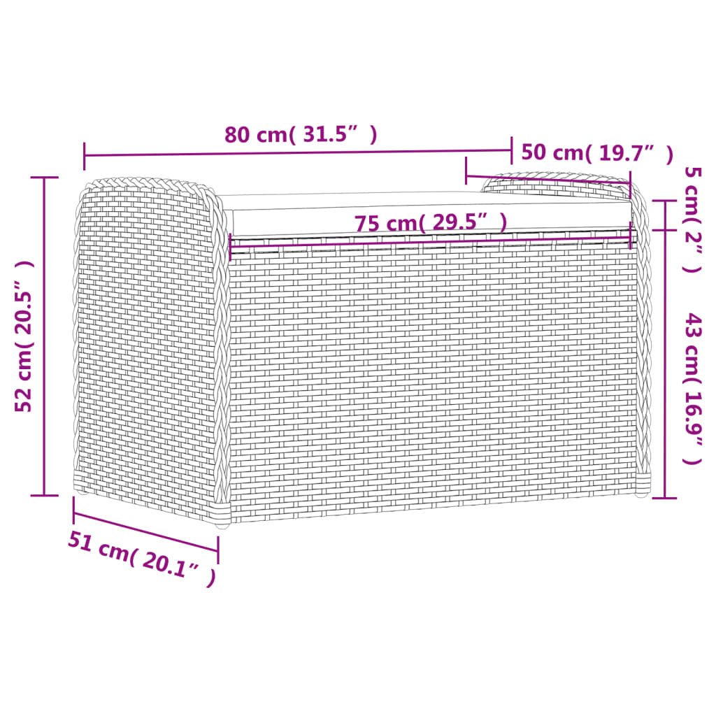 Opbergbankje met kussen 80x51x52 cm poly rattan bruin