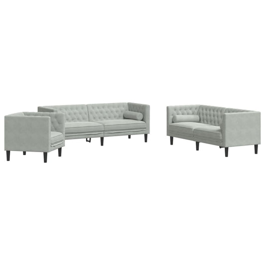 3-delige Loungeset Chesterfield met bolsters fluweel lichtgrijs