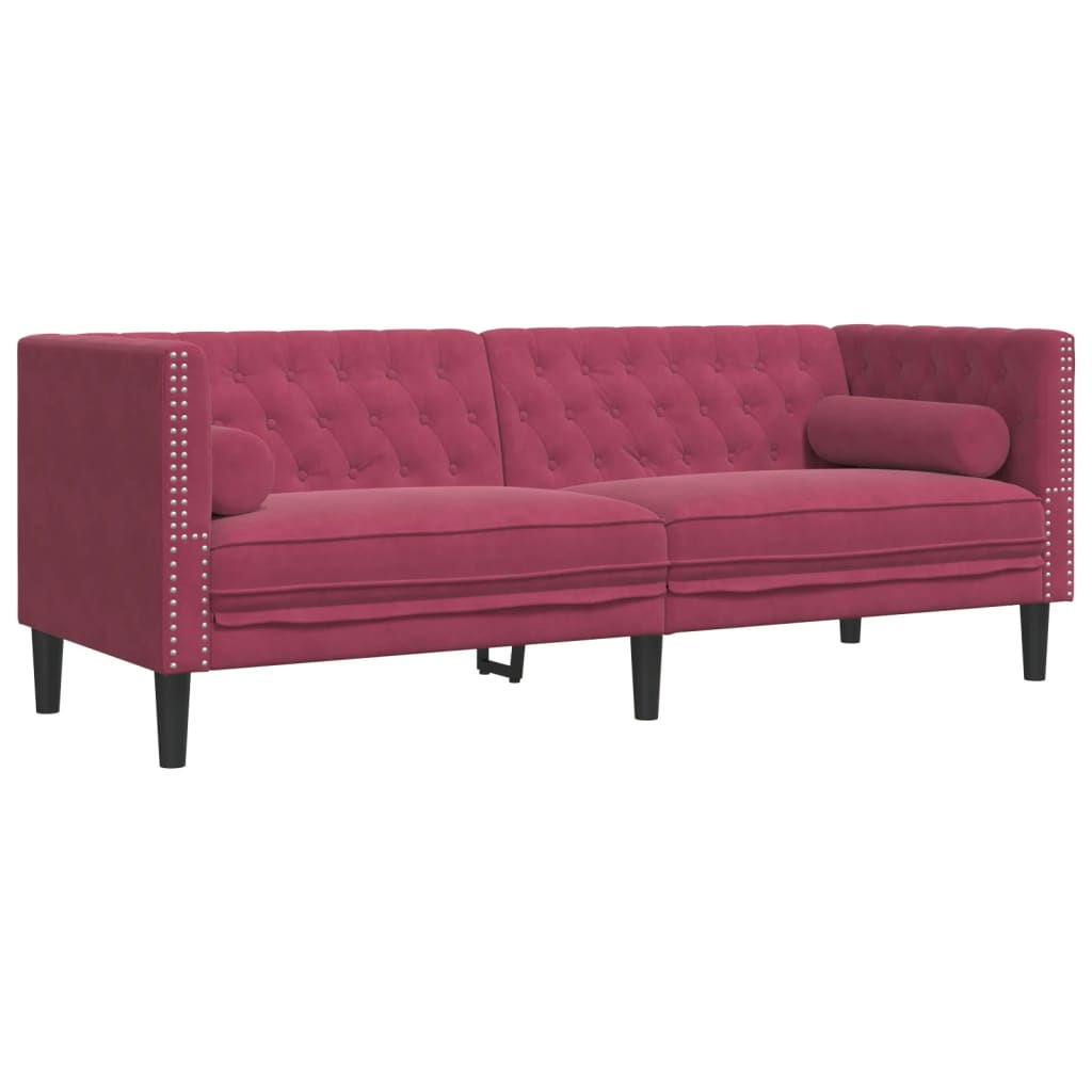 3-delige Loungeset Chesterfield met bolsters fluweel wijnrood