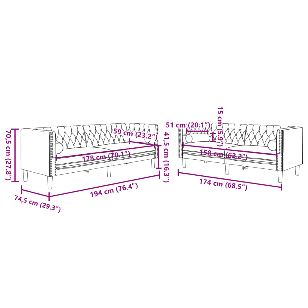 2-delige Loungeset Chesterfield en bolsters fluweel donkergrijs