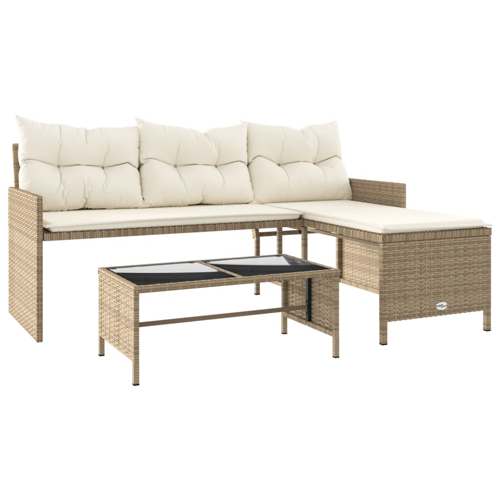 Tuinbank met tafel en kussens L-vormig poly rattan beige