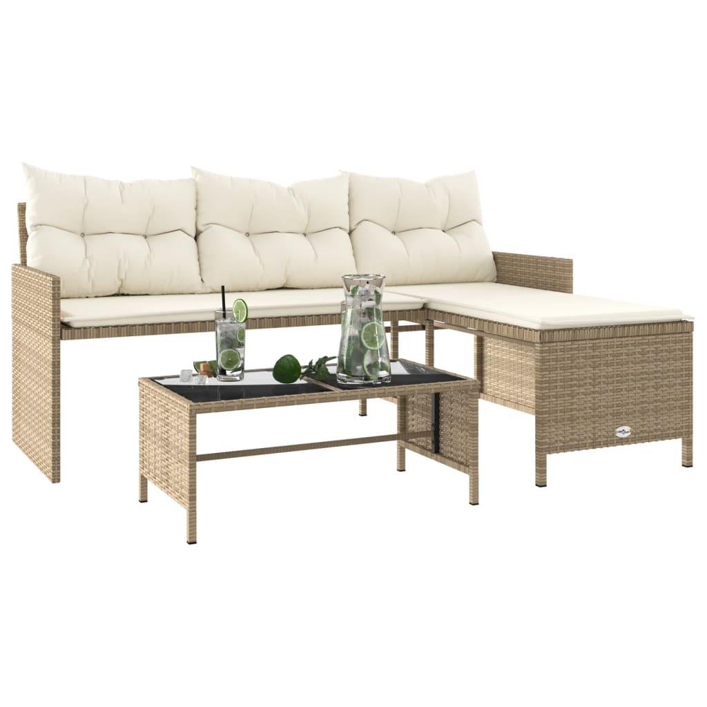 Tuinbank met tafel en kussens L-vormig poly rattan beige