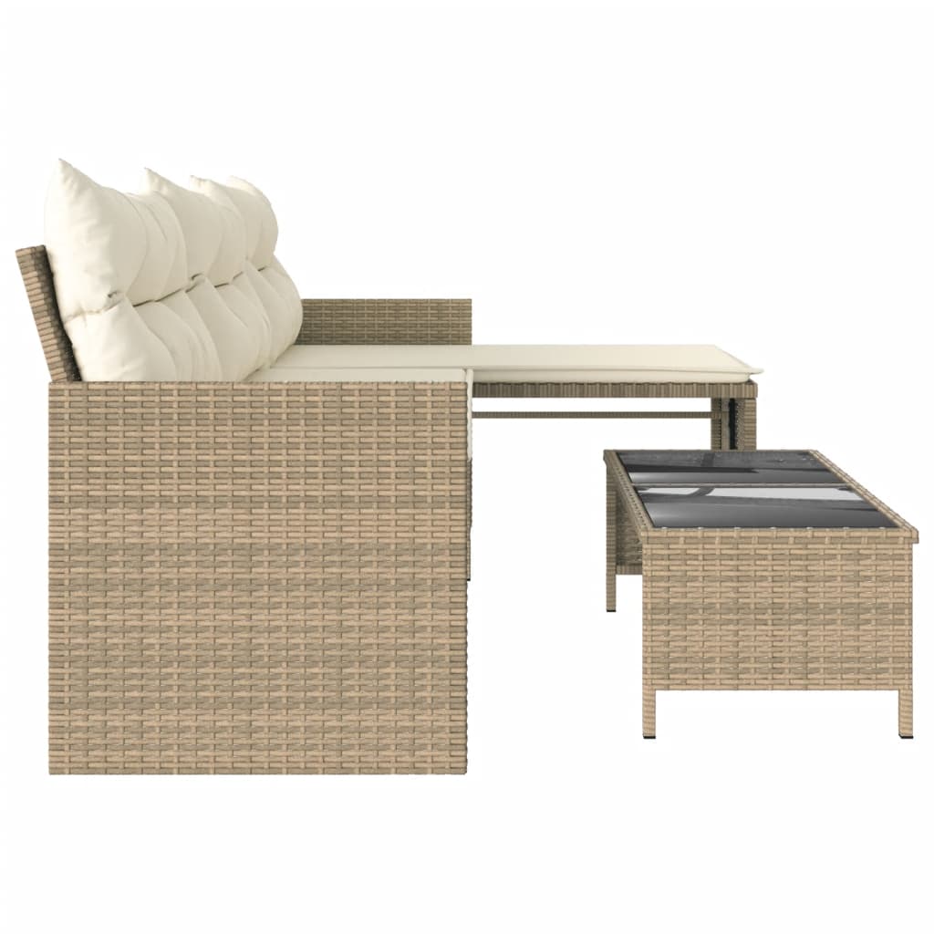 Tuinbank met tafel en kussens L-vormig poly rattan beige