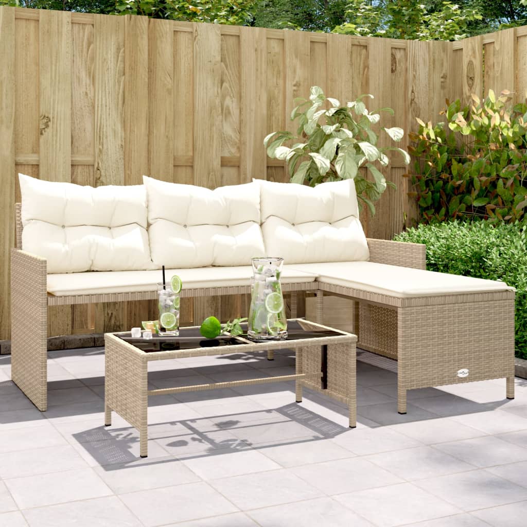 Tuinbank met tafel en kussens L-vormig poly rattan beige