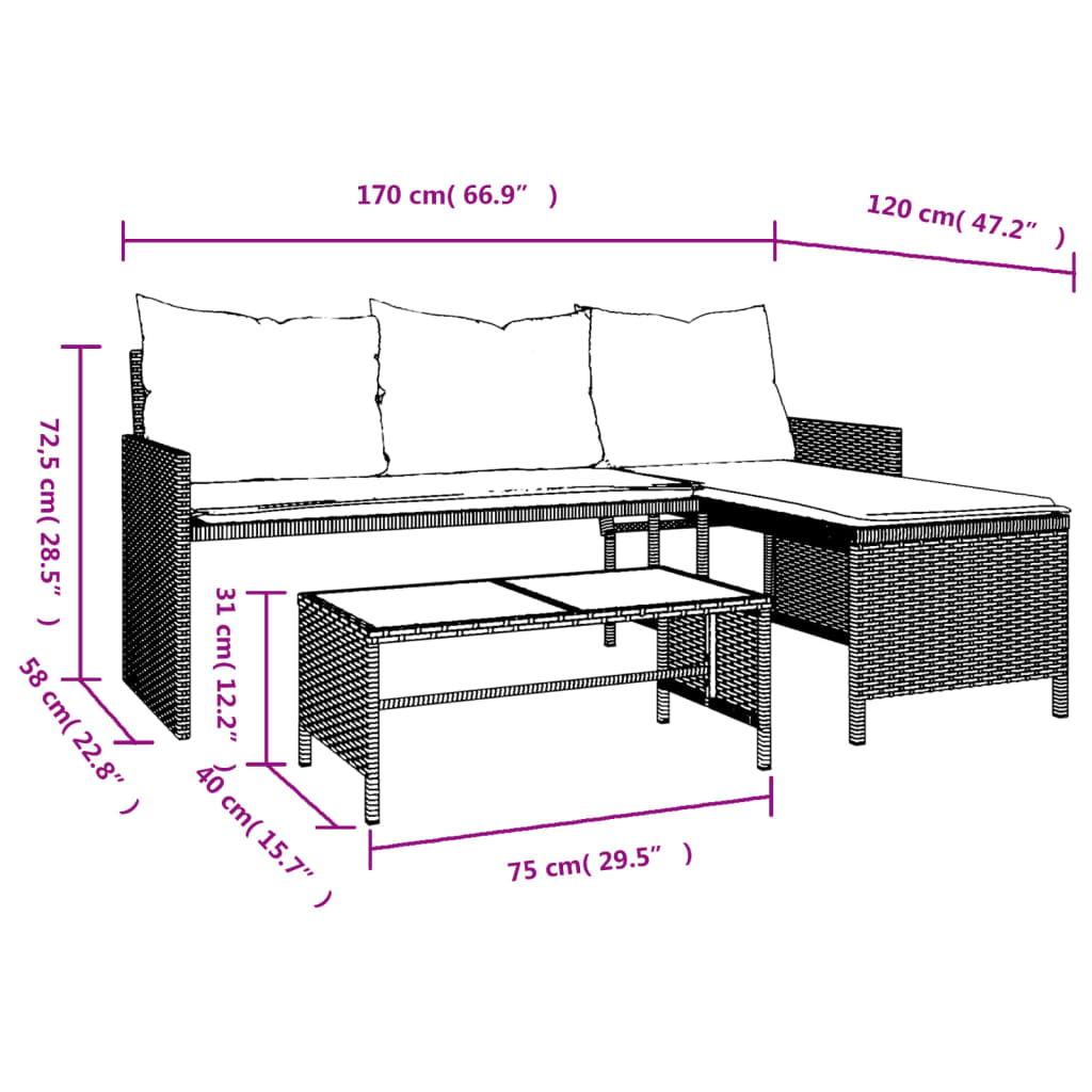 Tuinbank met tafel en kussens L-vormig poly rattan lichtgrijs