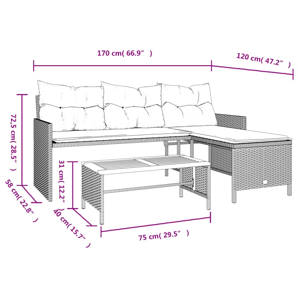 Tuinbank met tafel en kussens L-vormig poly rattan grijs