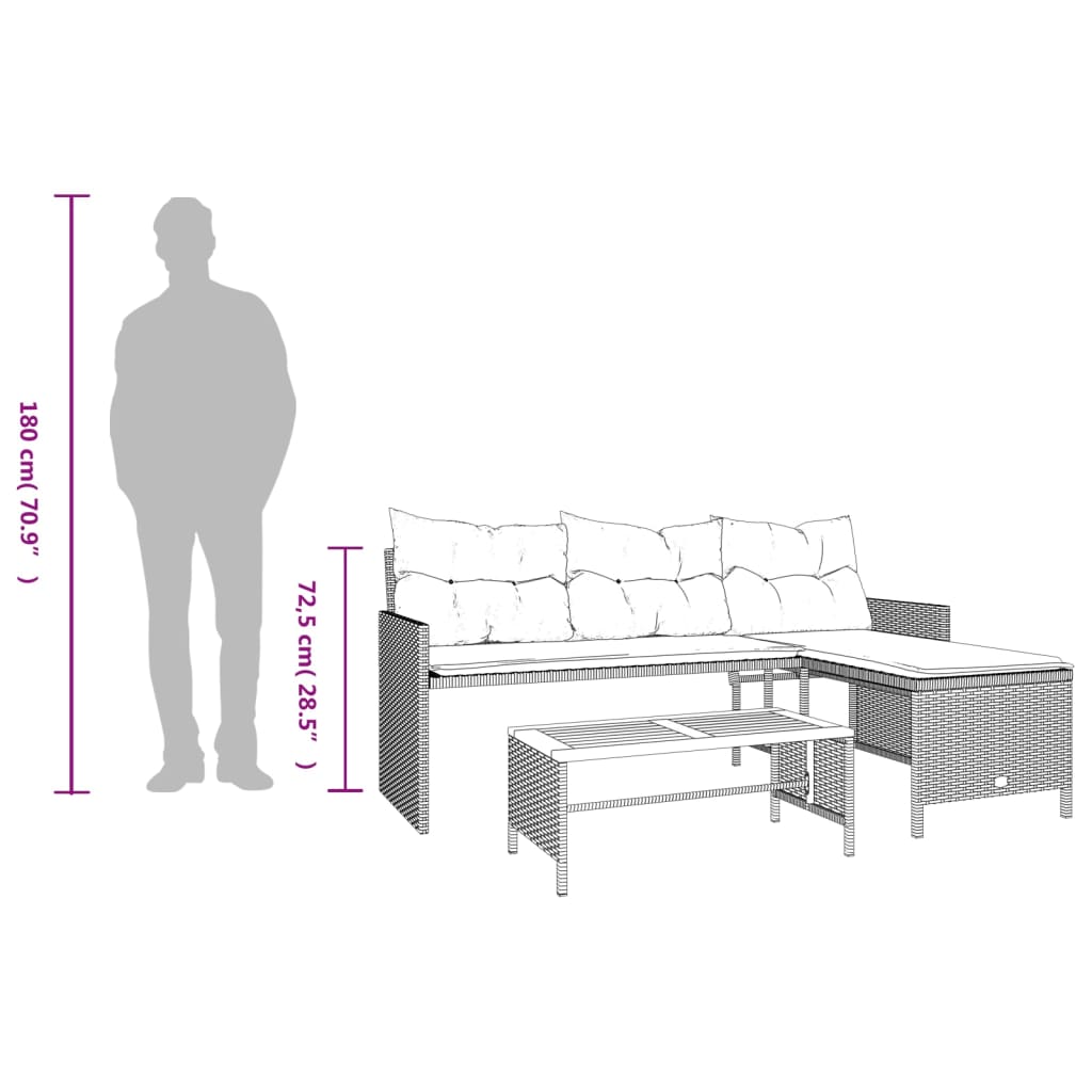 Tuinbank met tafel en kussens L-vormig poly rattan beige