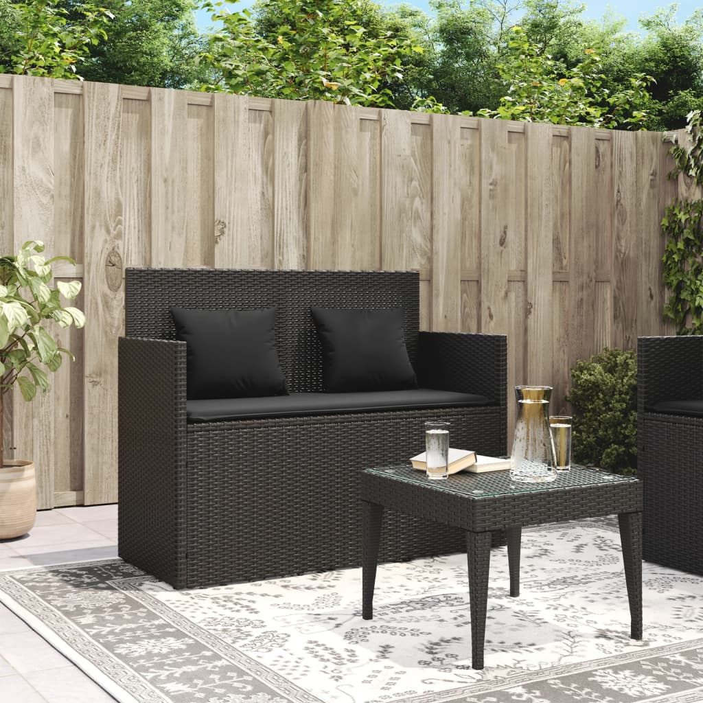 Tuinbank met kussens poly rattan zwart