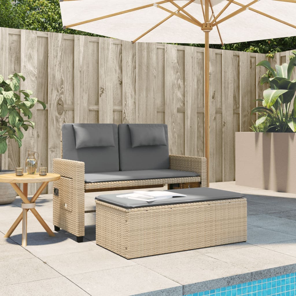 Tuinbankje verstelbaar met kussens poly rattan beige