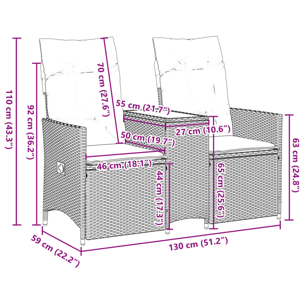 Tuinbank 2-zits verstelbaar met tafel poly rattan zwart