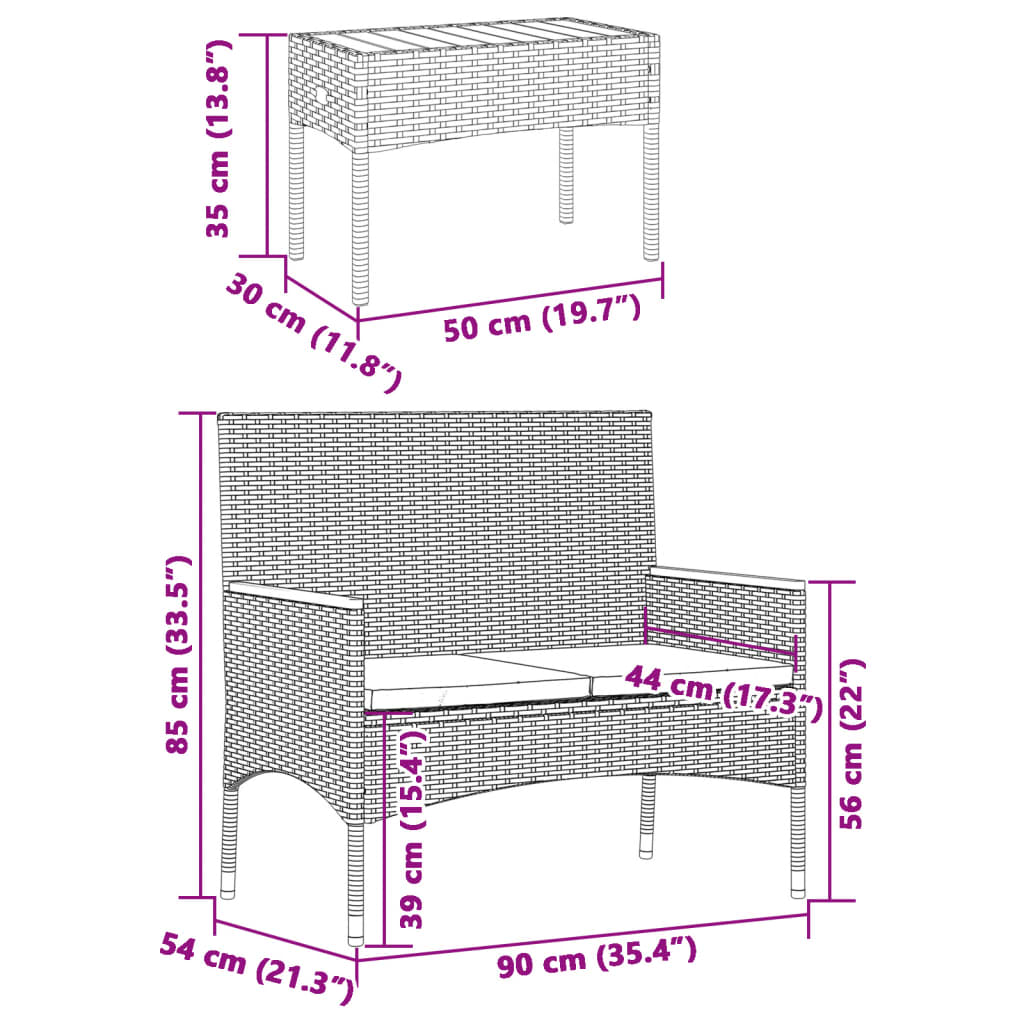 Tuinbank 2-zits met kussens en tafel poly rattan zwart