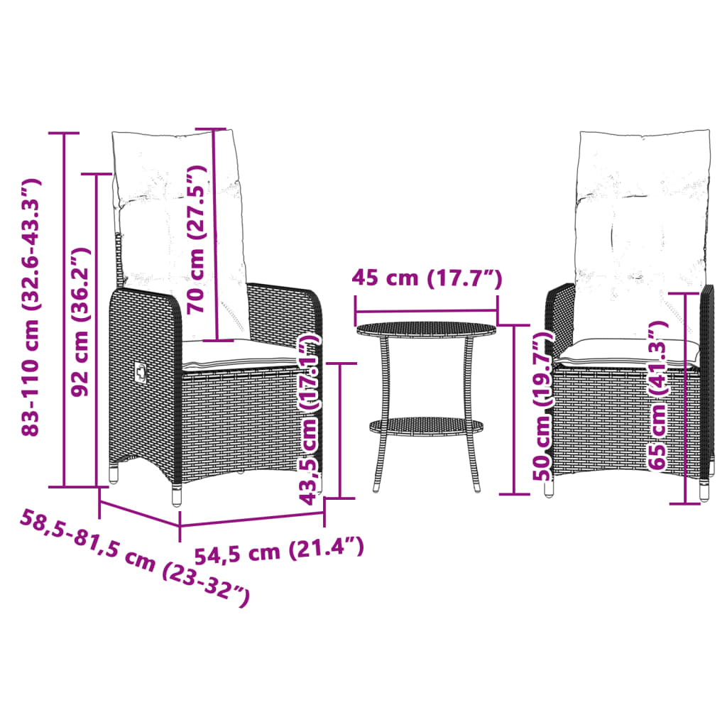 Tuinstoelen 2 st verstelbaar met tafel poly rattan zwart