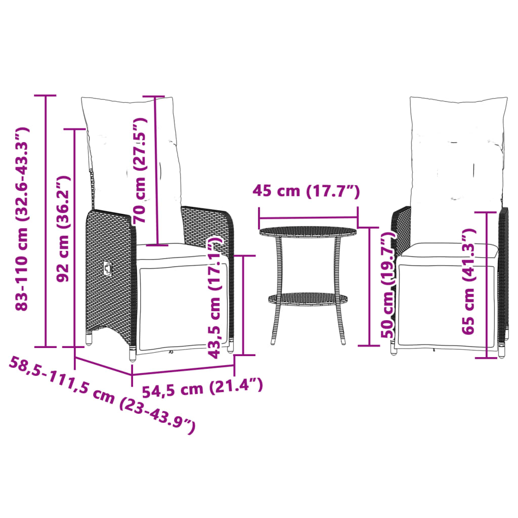 Tuinstoelen 2 st verstelbaar met tafel poly rattan bruin