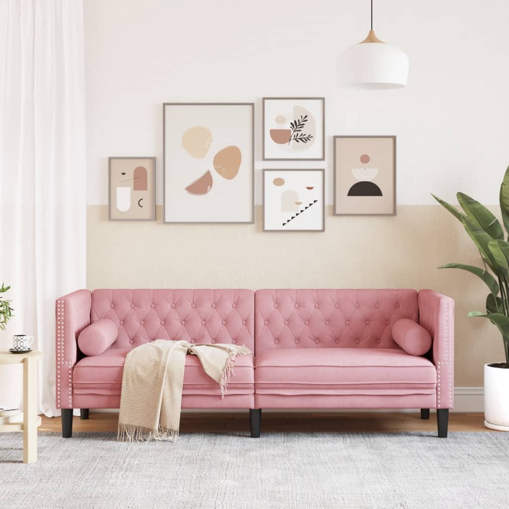 Driezitsbank Chesterfield-stijl met bolsters fluweel roze