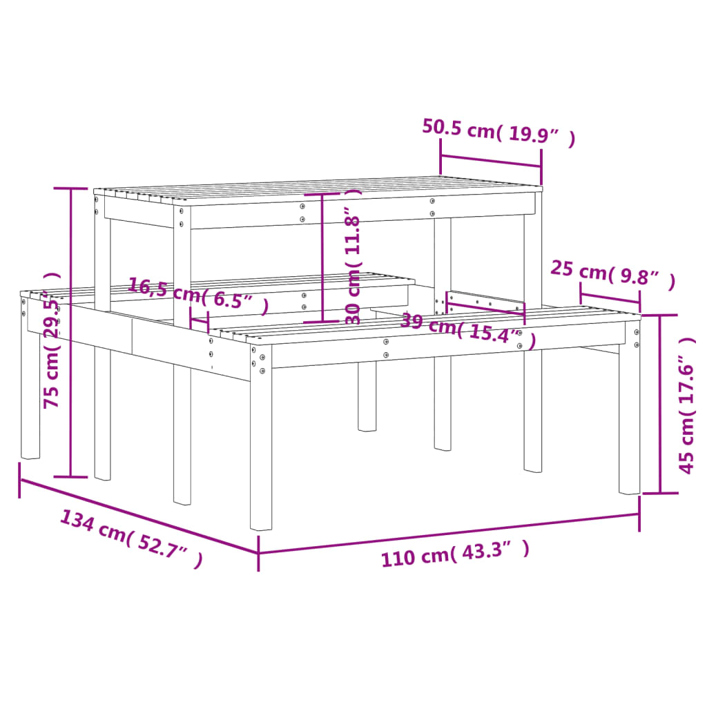 Picknicktafel 110x134x75 cm massief grenenhout wasbruin