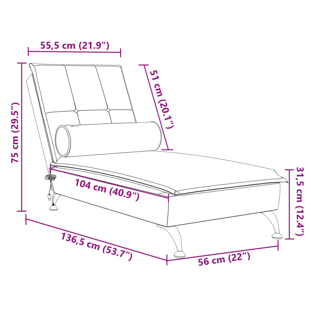 Massage chaise longue met bolster fluweel lichtgrijs