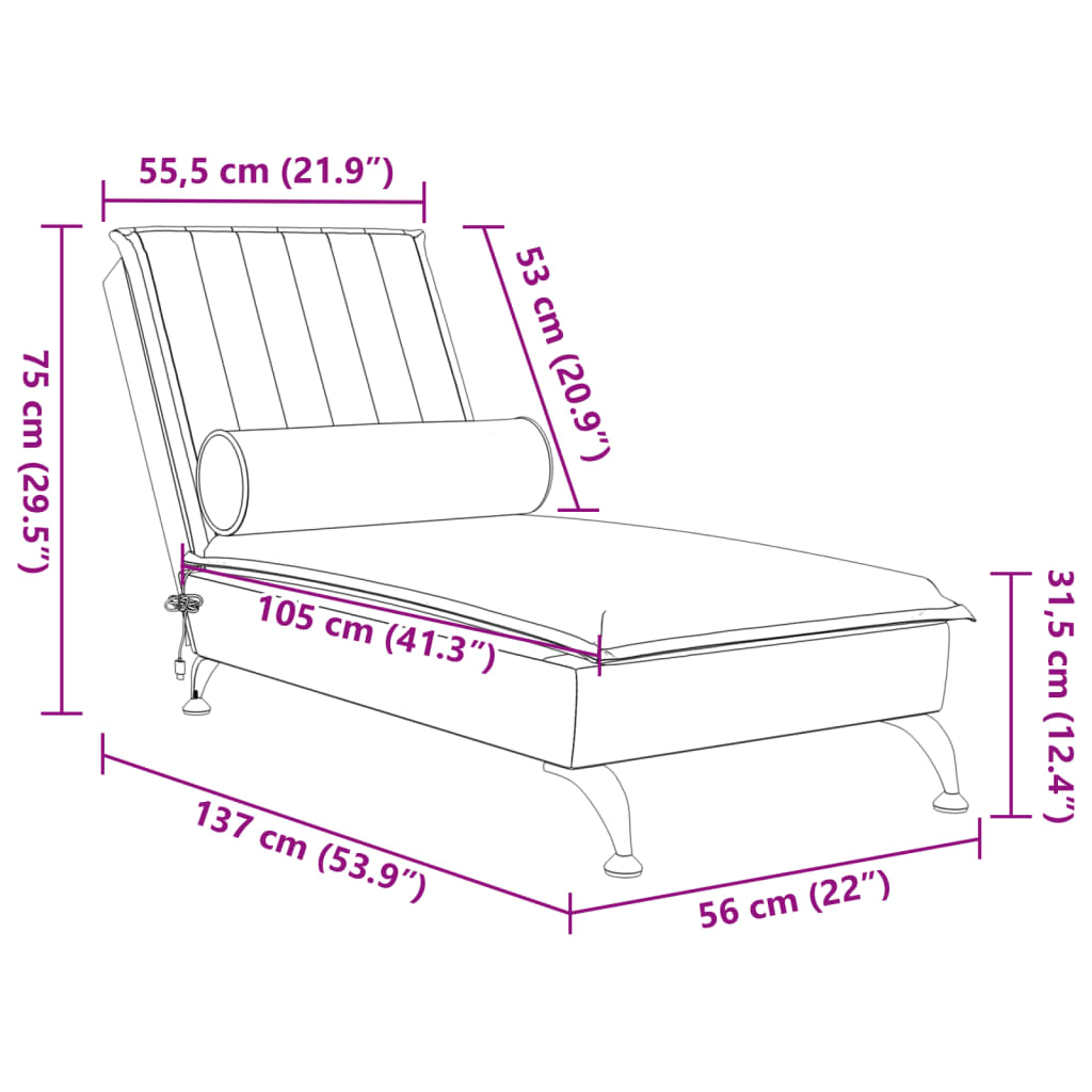 Massage chaise longue met bolster fluweel lichtgrijs