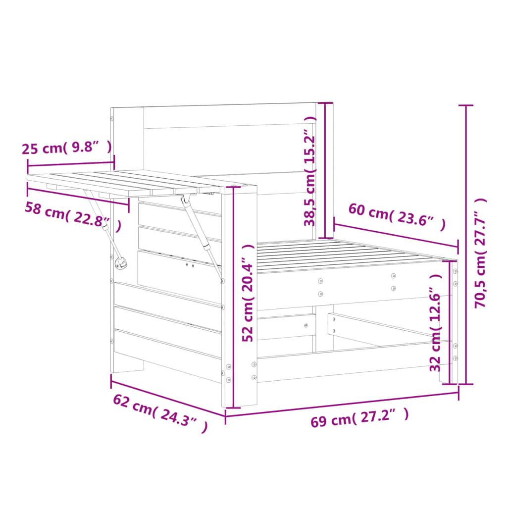 Tuinbank met armleuning en klaptafel massief grenenhout