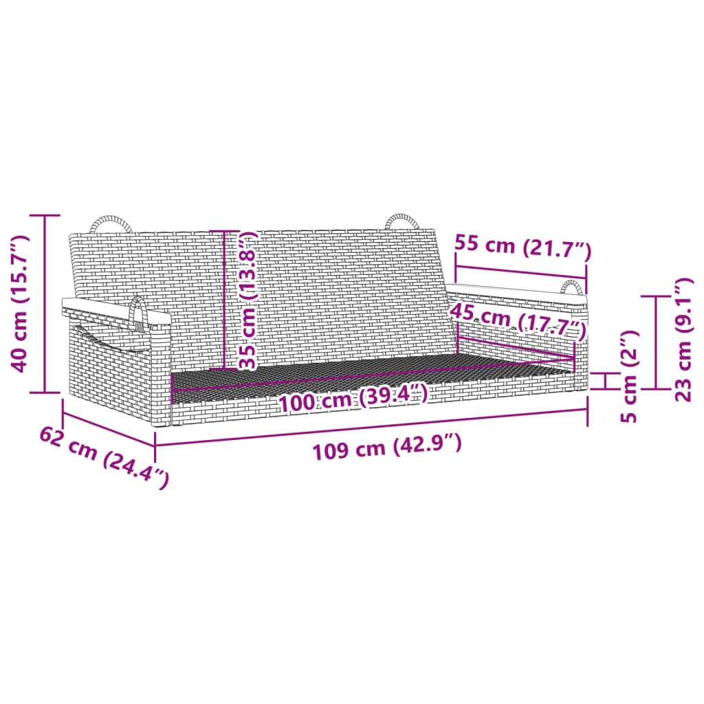 Schommelbank 109x62x40 cm poly rattan grijs