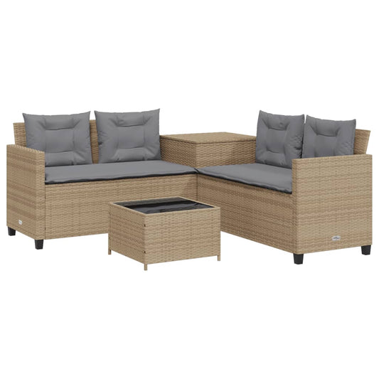 Tuinbank met tafel en kussens L-vormig poly rattan beige