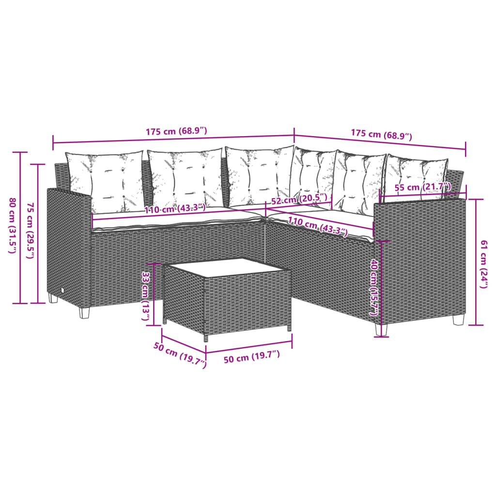 Tuinbank met tafel en kussens L-vormig poly rattan zwart