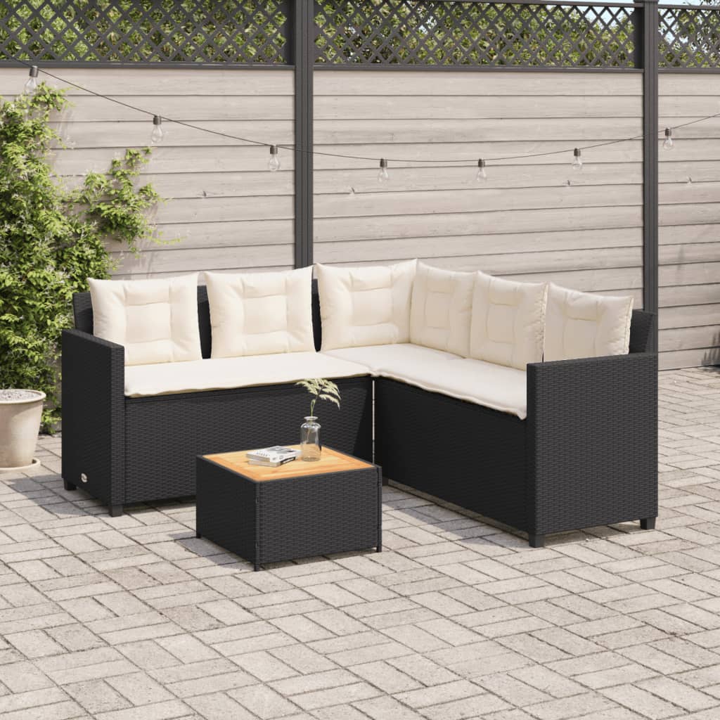 Tuinbank met tafel en kussens L-vormig poly rattan zwart