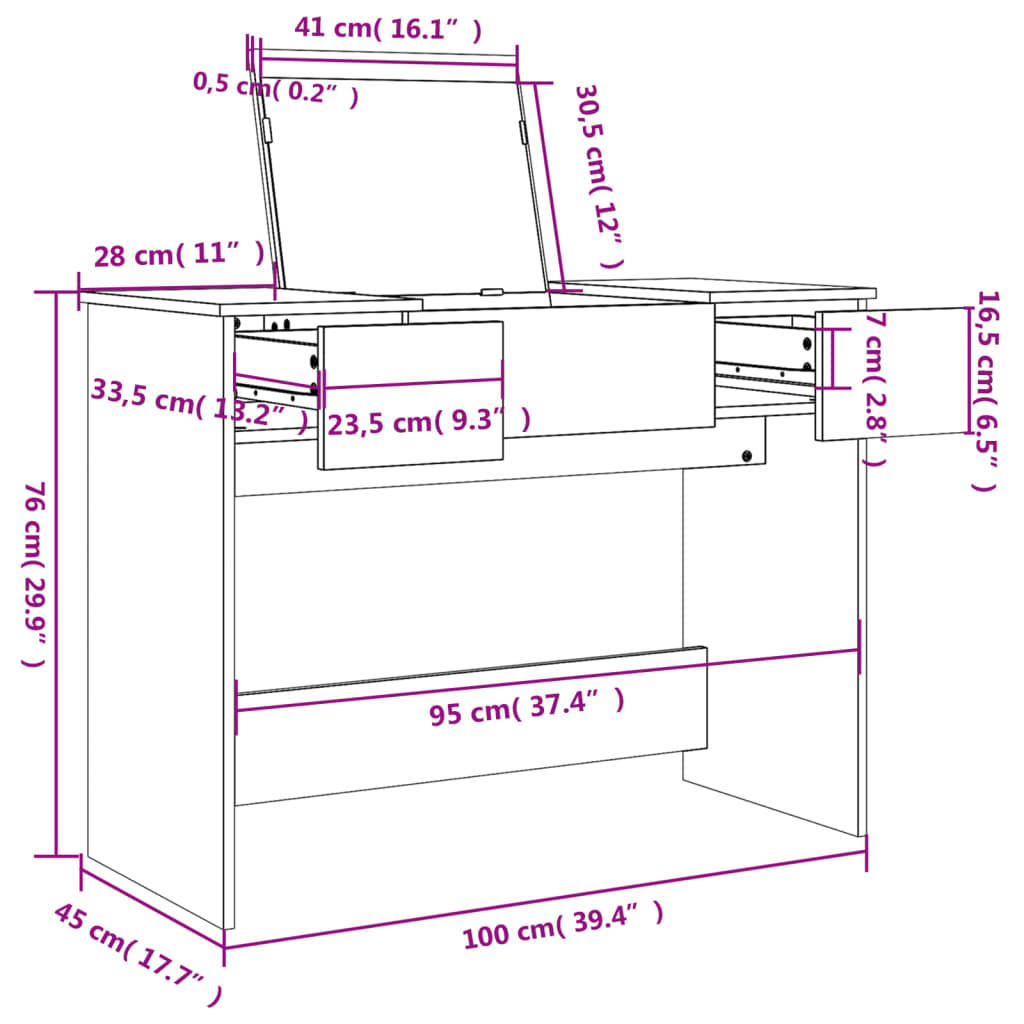 Kaptafel met spiegel 100x45x76 cm grijs sonoma eikenkleurig