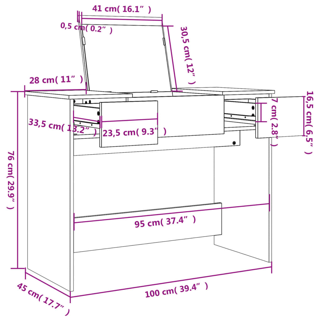 Kaptafel met spiegel 100x45x76 cm bruin eikenkleurig