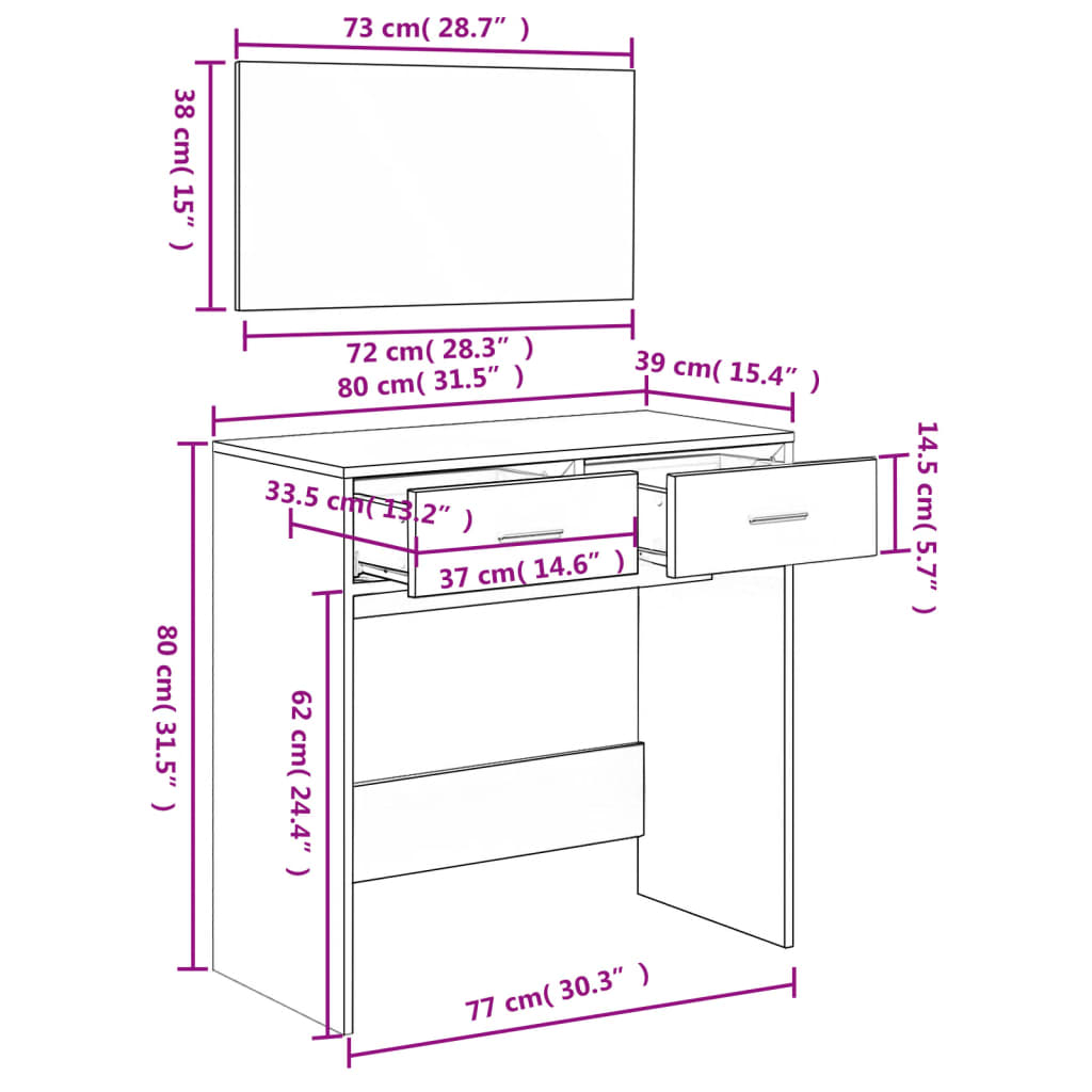 Kaptafel met spiegel 80x39x80 cm wit