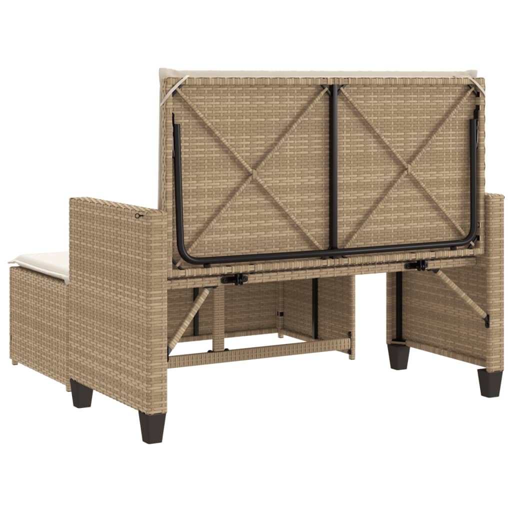 Tuinbank met kussens en voetenbank poly rattan beige