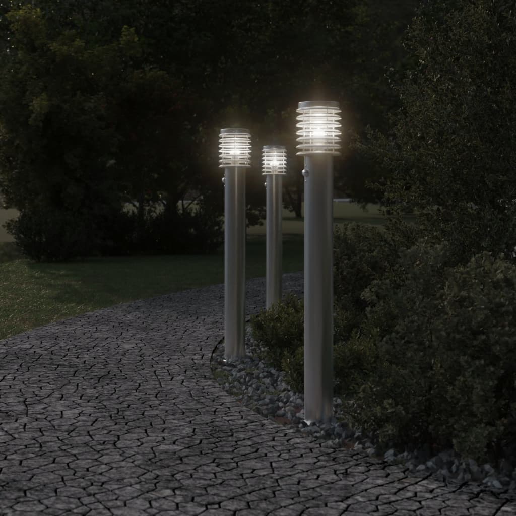 Buitenvloerlampen 3 st met sensors 110 cm roestvrijstaal zilver