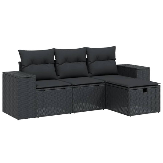 4-delige Loungeset met kussens poly rattan zwart