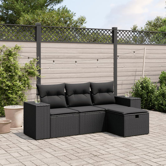 4-delige Loungeset met kussens poly rattan zwart