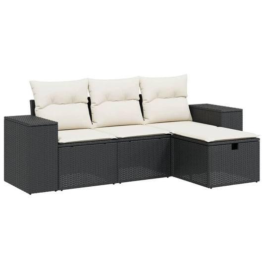 4-delige Loungeset met kussens poly rattan zwart